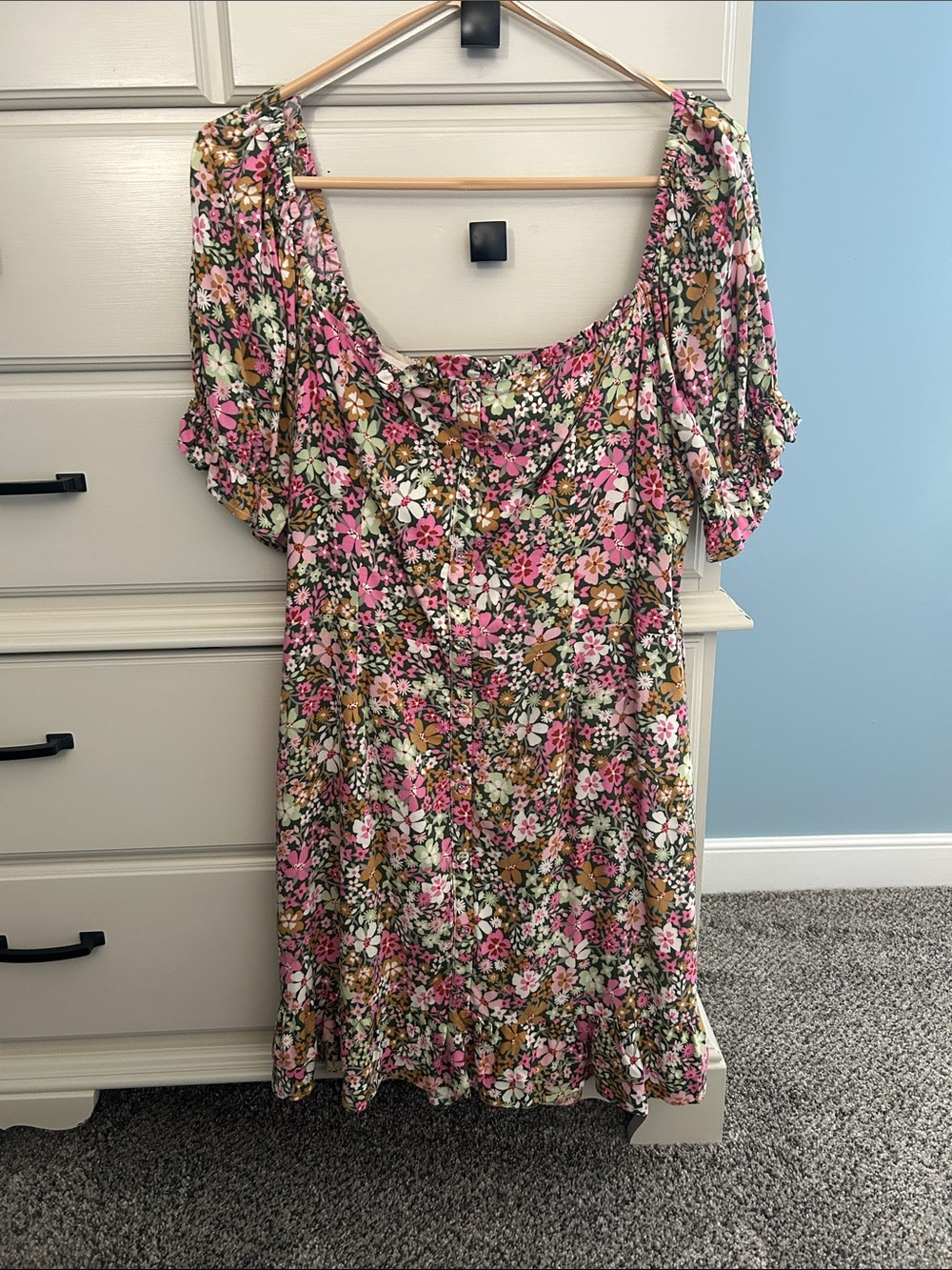 Lost + Wander Pink and Olive Floral Puff-Sleeve Midi Dress